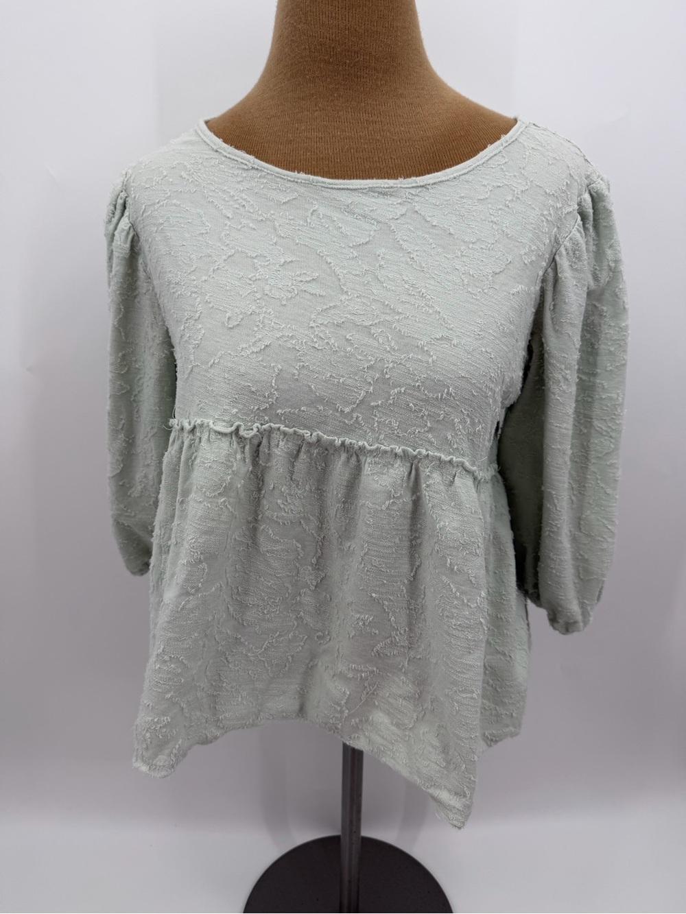 Anthropologie Textured Babydoll Top Mint Green Puff Sleeve